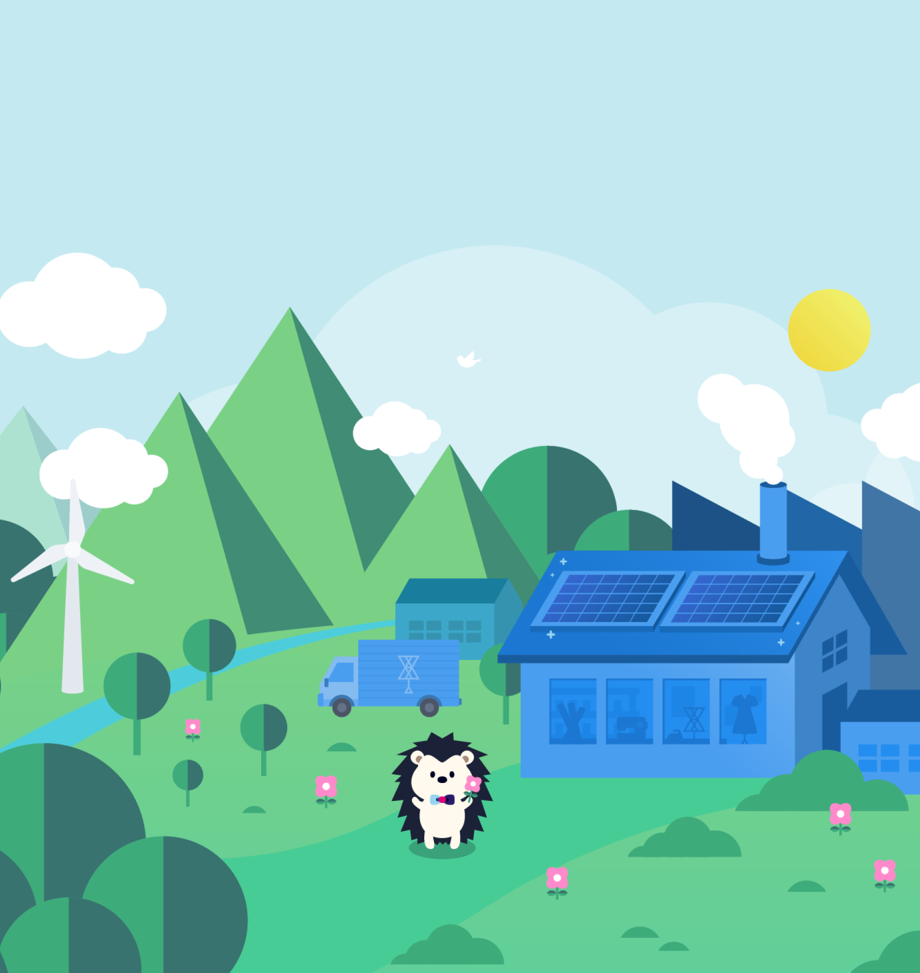 環境に優しい風景の中で、FiTOくんを前景に、太陽光発電の家と風車が背景に描かれたイラスト